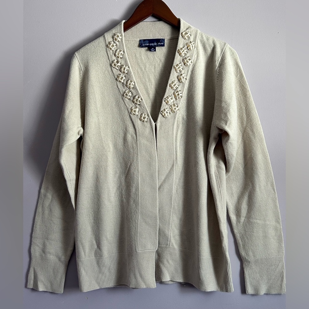 Susan Graver Semi Open Front Cardigan in Light Tan Color Size Medium